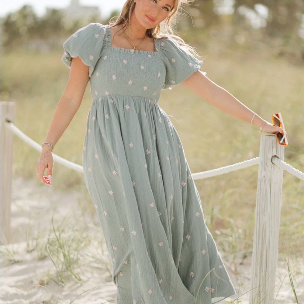 Ivy City Co Serendipity Blue Maxi Dress with Pink Floral Embroidery